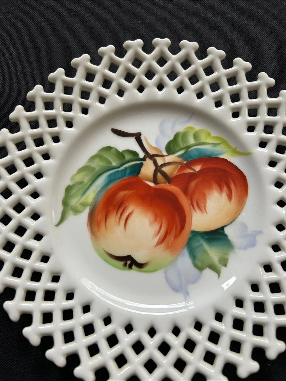 Lefton White Lattice Porcelain Plate with Red-Orange Apple Motif